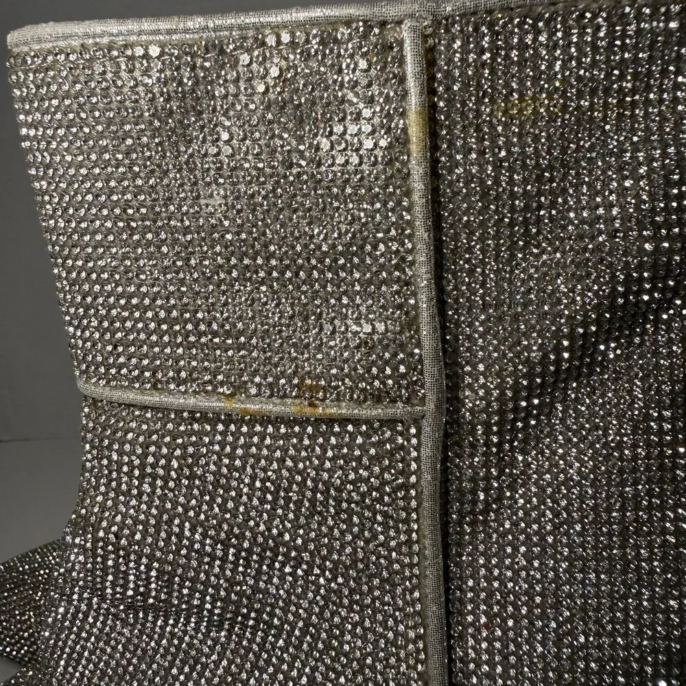 Sparkle Rhinestone Disco Ankle Boots Point Toe Block Heel Silver Women’s Size 8